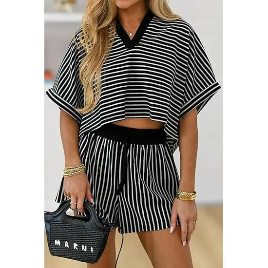 Women's striped short set detail