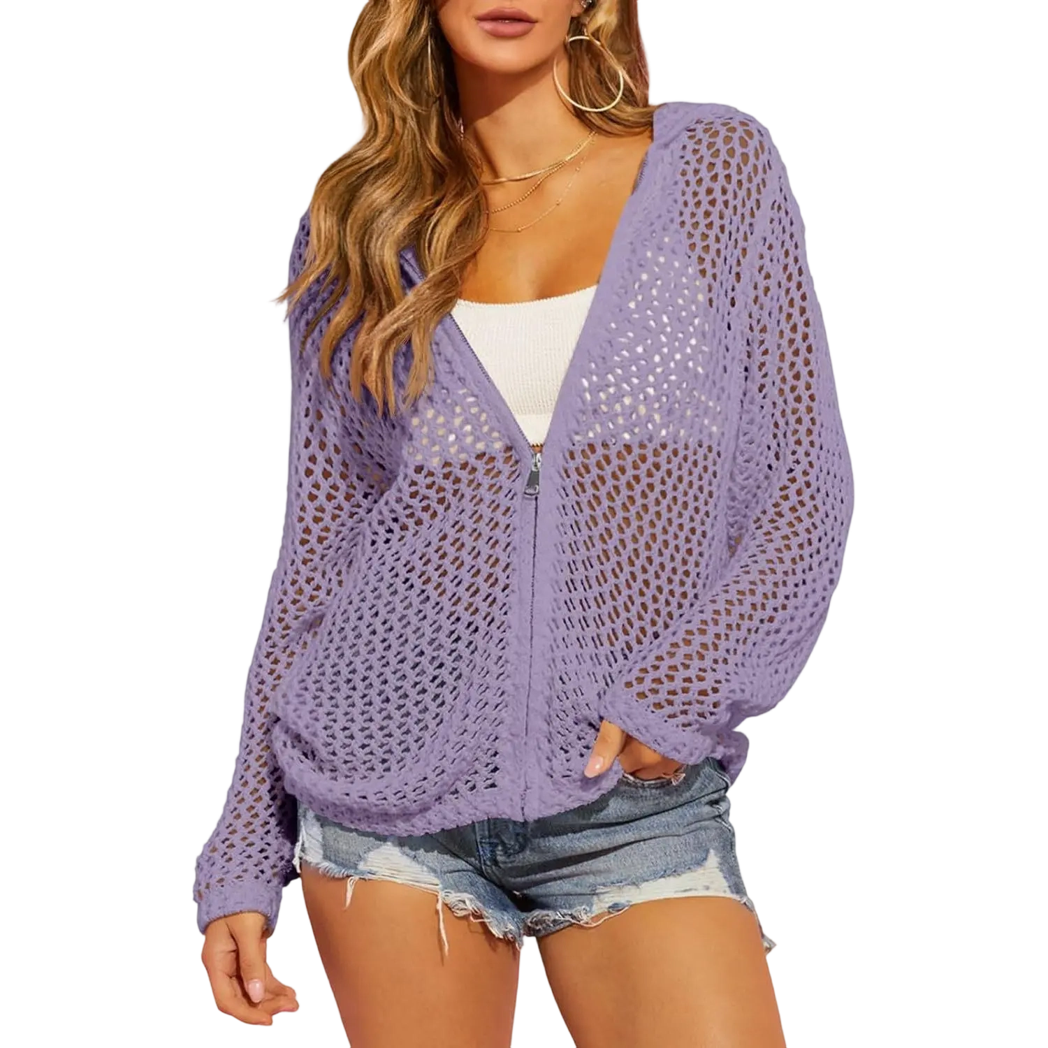 Women's Crochet Lightweight Cardigan Zip Up Hooded Knit Sweater - image 14