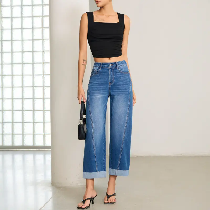Women's High Waisted Wide Leg Cropped Denim Jeans