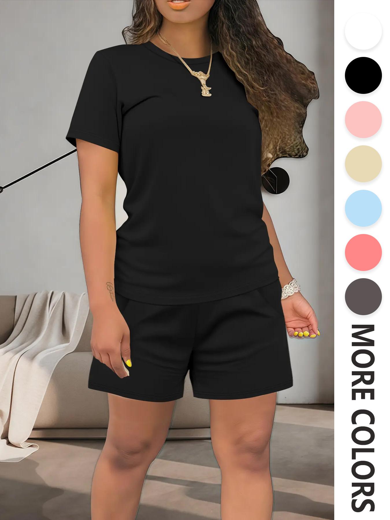 Women's Solid Co-ord Set, Casual Fitted Short Sleeve Tee & Elastic Waist Shorts Set, Women's Summer Clothes for Daily Wear, Cute Summer Outfit, Black