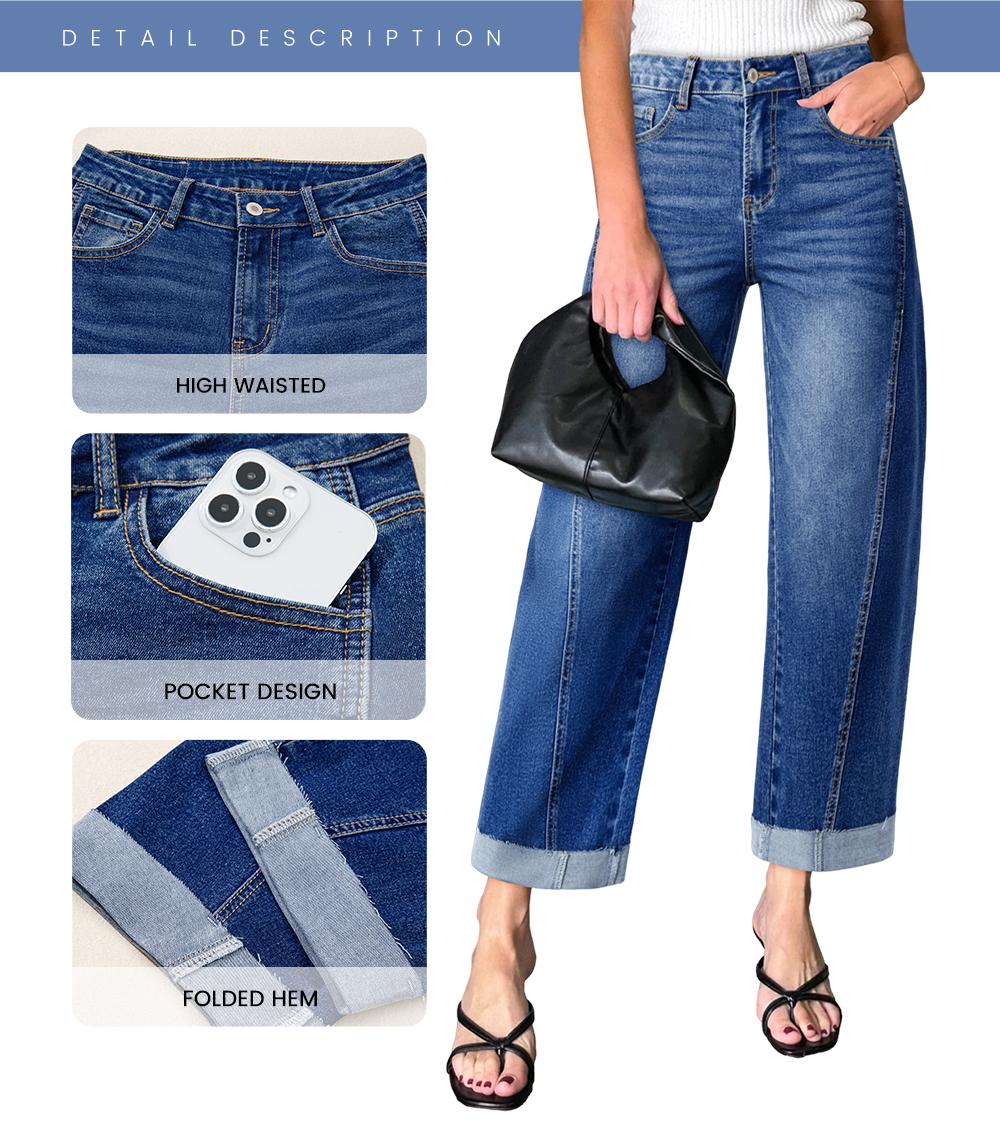 Sidefeel Women's High Waisted Wide Leg Cropped Denim Jeans Relaxed Fit Light Wash Jeans with Rolled Cuffs