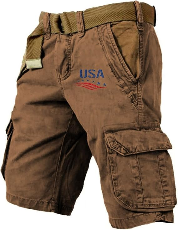 Men's Vintage Flag Independence Day Multi - Pocket Print Cargo Shorts (Belt Included)