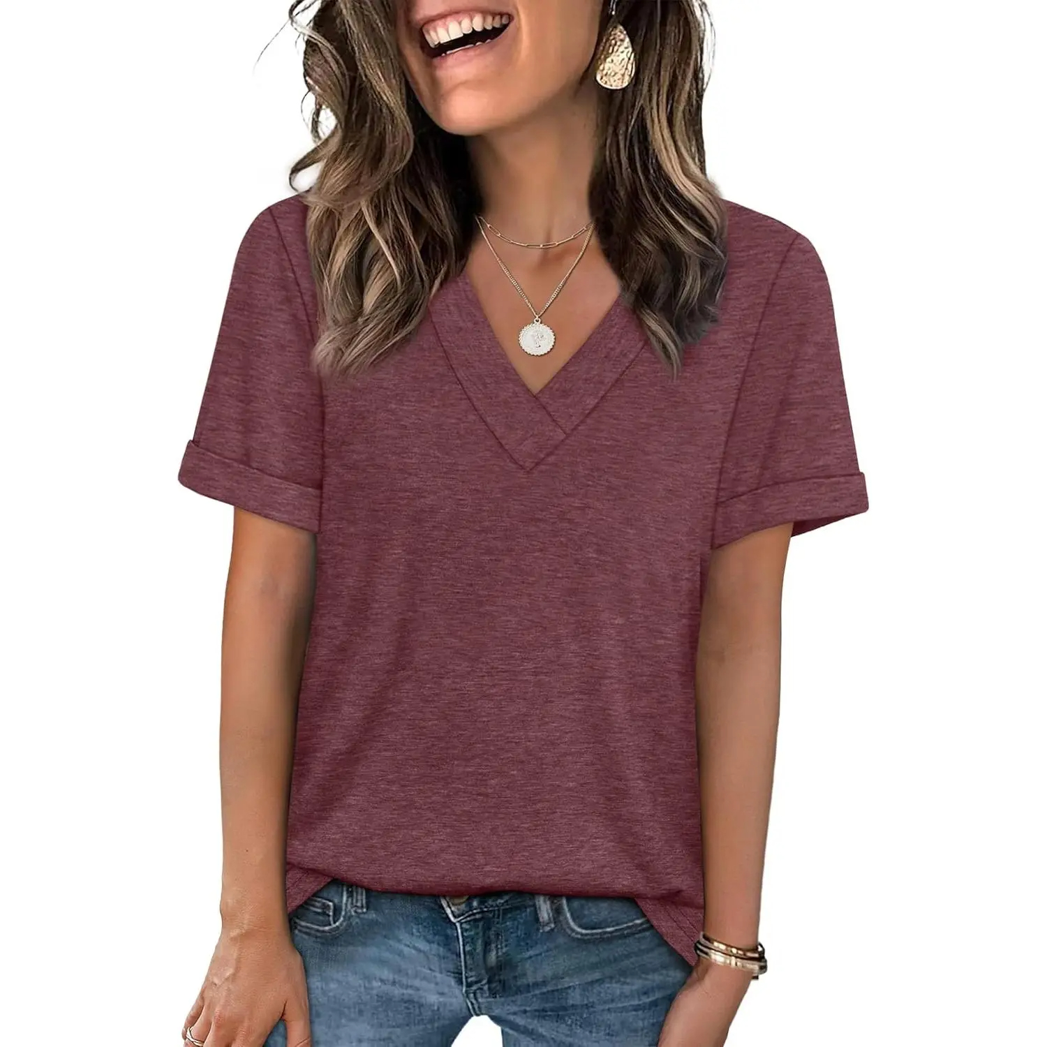 Women's Sleeve Basic Casual V Neck Tops Short