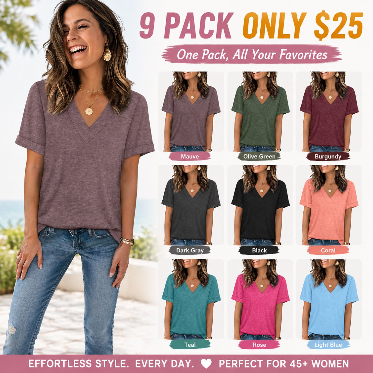 Women's Sleeve Basic Casual V Neck Tops Short