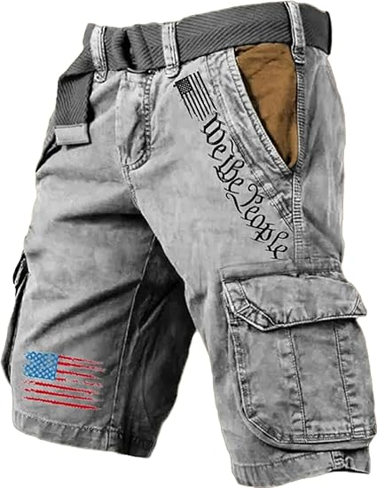Men's Vintage Flag Independence Day Multi - Pocket Print Cargo Shorts (Belt Included)