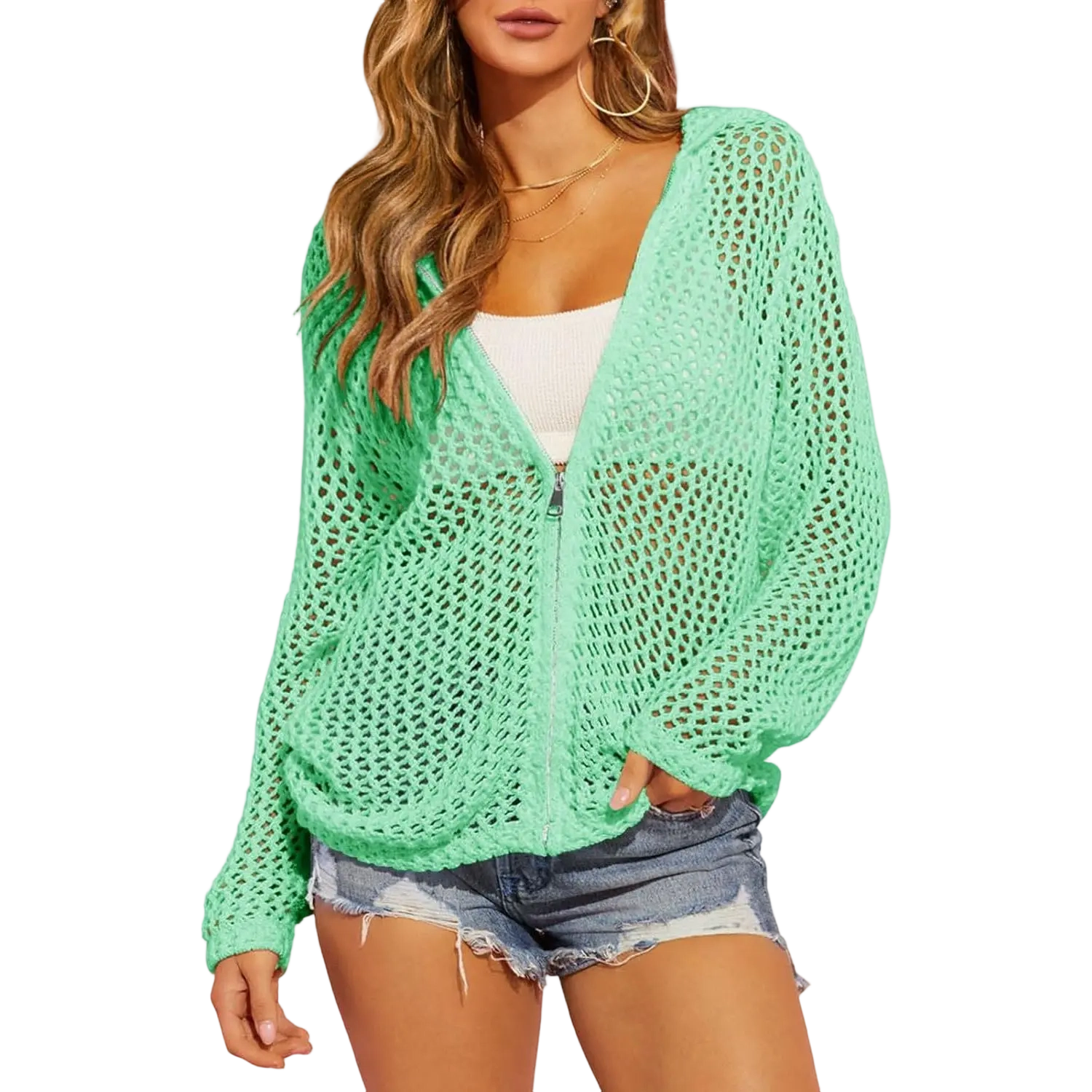 Women's Crochet Lightweight Cardigan Zip Up Hooded Knit Sweater - image 13