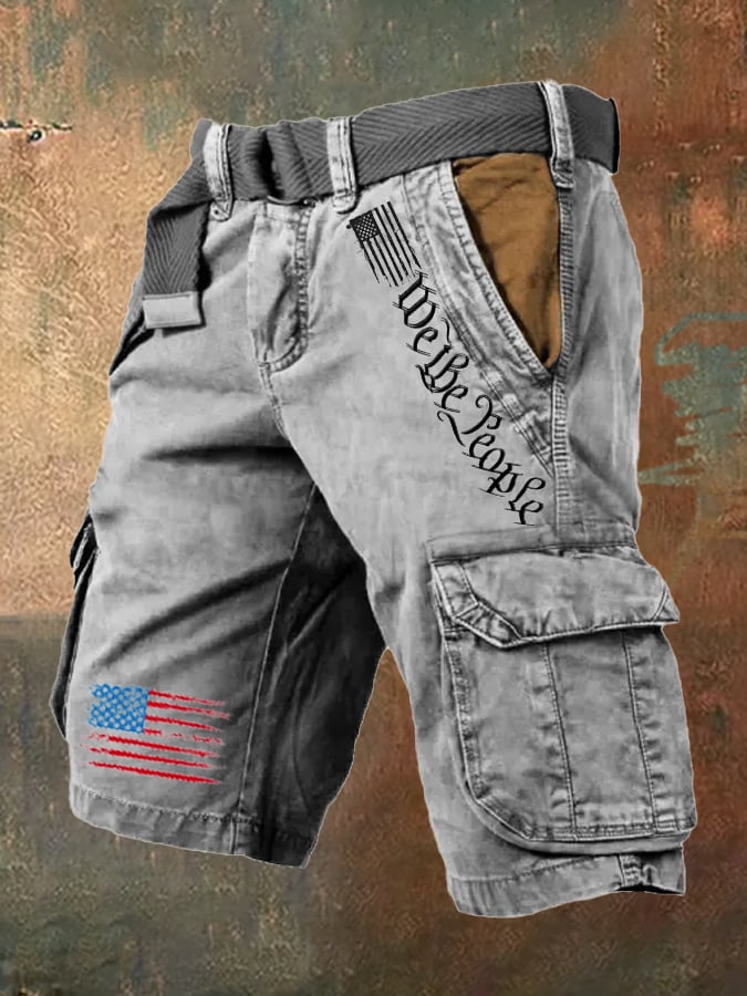 Men's Vintage Flag Independence Day Multi - Pocket Print Cargo Shorts (Belt Included)
