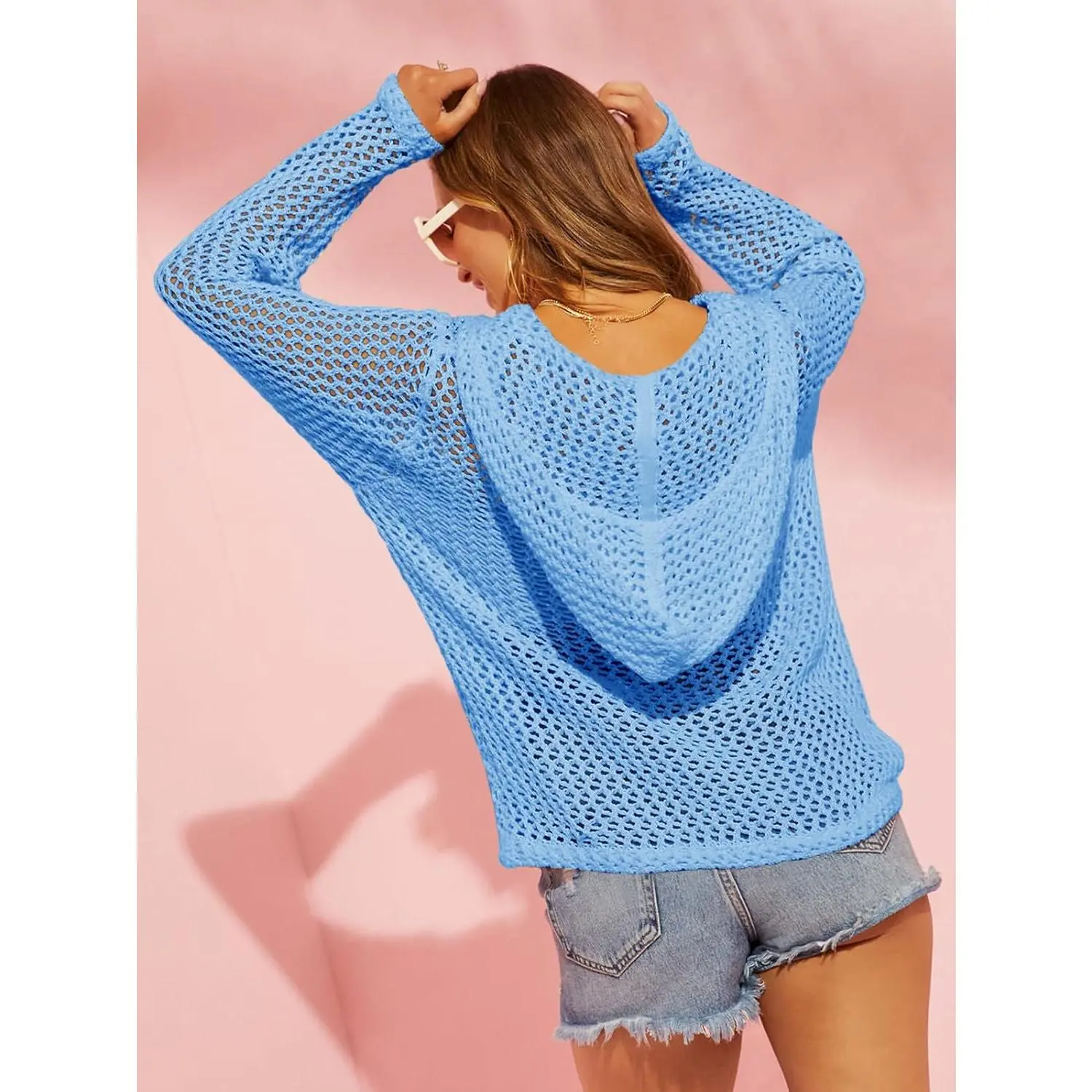 Women's Crochet Lightweight Cardigan Zip Up Hooded Knit Sweater - image 4