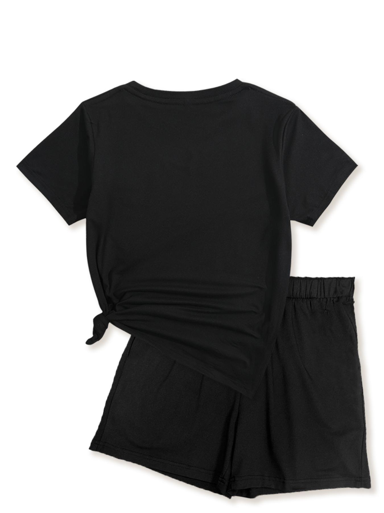 Women's Solid Co-ord Set, Casual Fitted Short Sleeve Tee & Elastic Waist Shorts Set, Women's Summer Clothes for Daily Wear, Cute Summer Outfit, Black