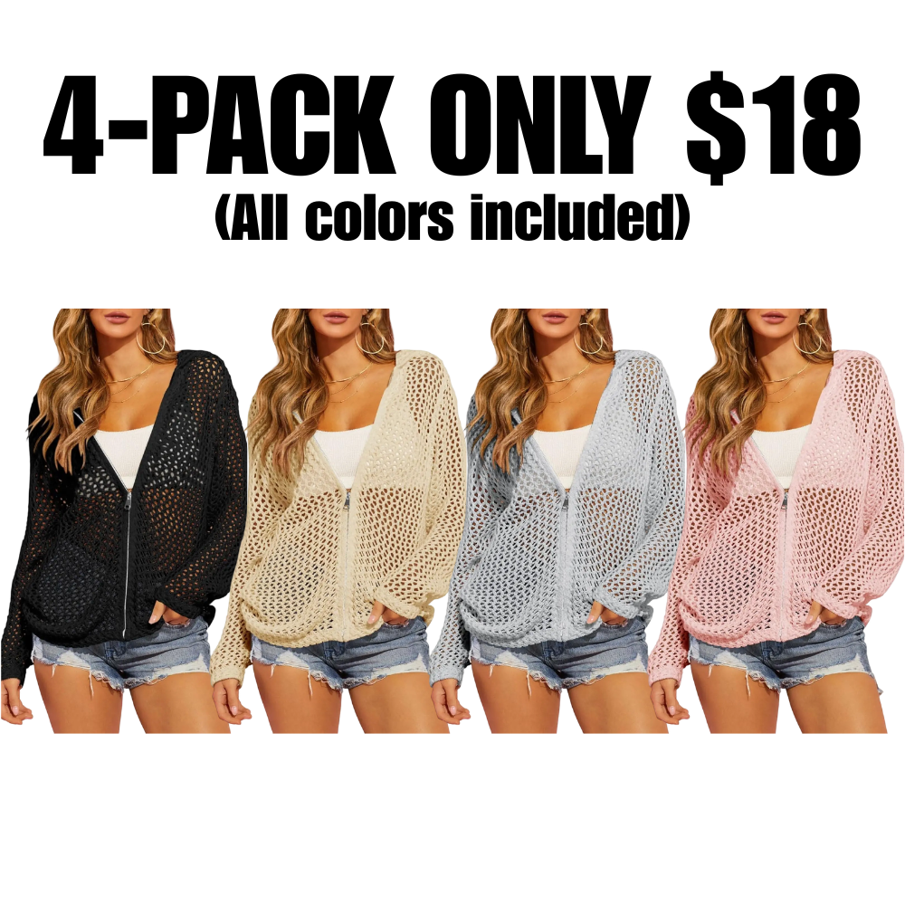Women's Crochet Lightweight Cardigan Zip Up Hooded Knit Sweater - image 7