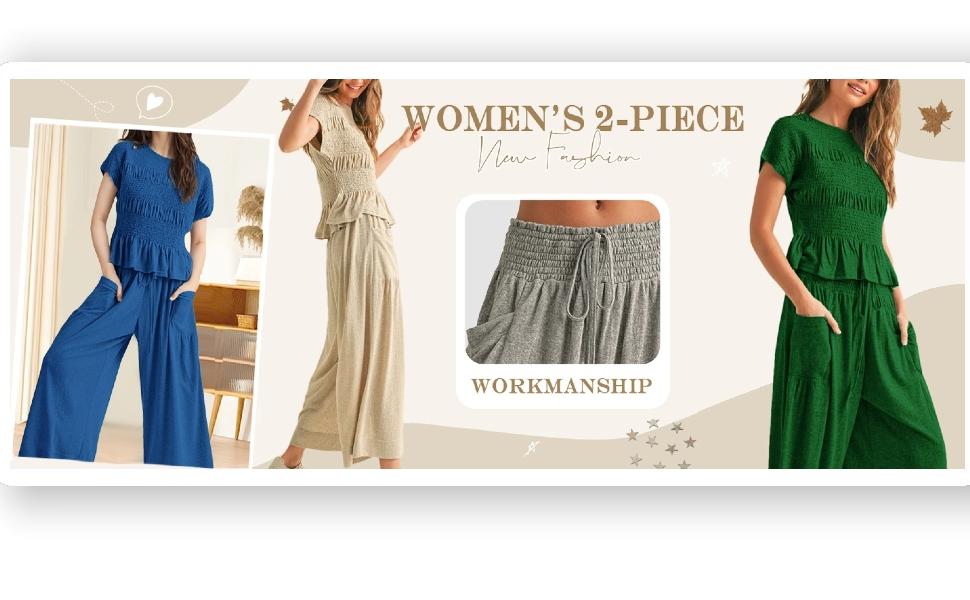 Yeokou Women’s 2-Piece Smocked Top & Wide-Leg Pants Set–High-Waisted Lounge Teacher's Outfit with Pockets Casual Boho Matching Set