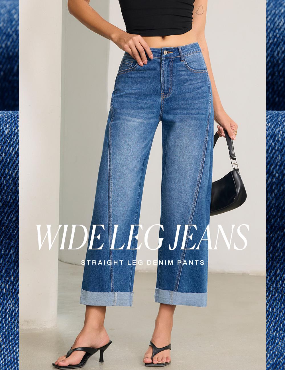 Sidefeel Women's High Waisted Wide Leg Cropped Denim Jeans Relaxed Fit Light Wash Jeans with Rolled Cuffs