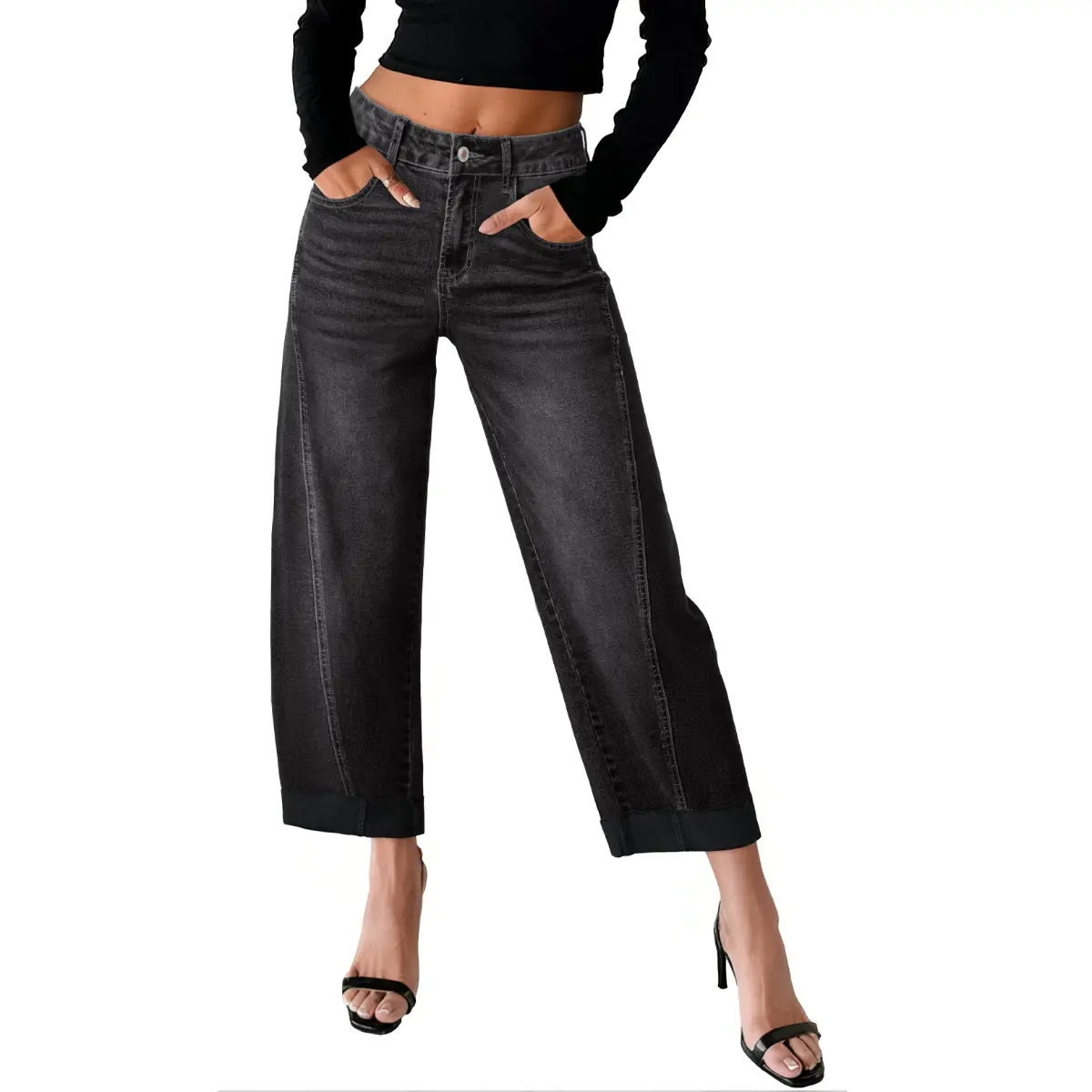 Women's High Waisted Wide Leg Cropped Denim Jeans