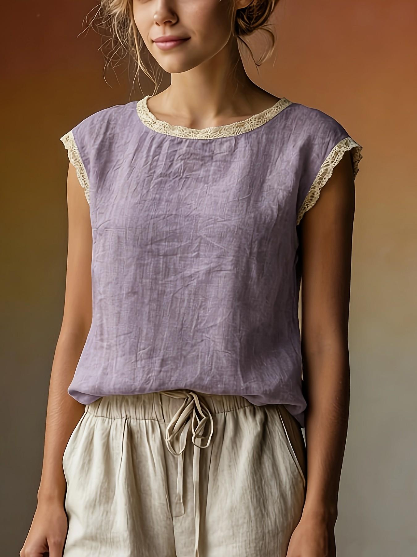 Women's Vintage Linen Short Sleeve Top, Lace Patchwork Round Neck Loose Fit Summer Breathable Linen T-Shirt, Casual Fashion