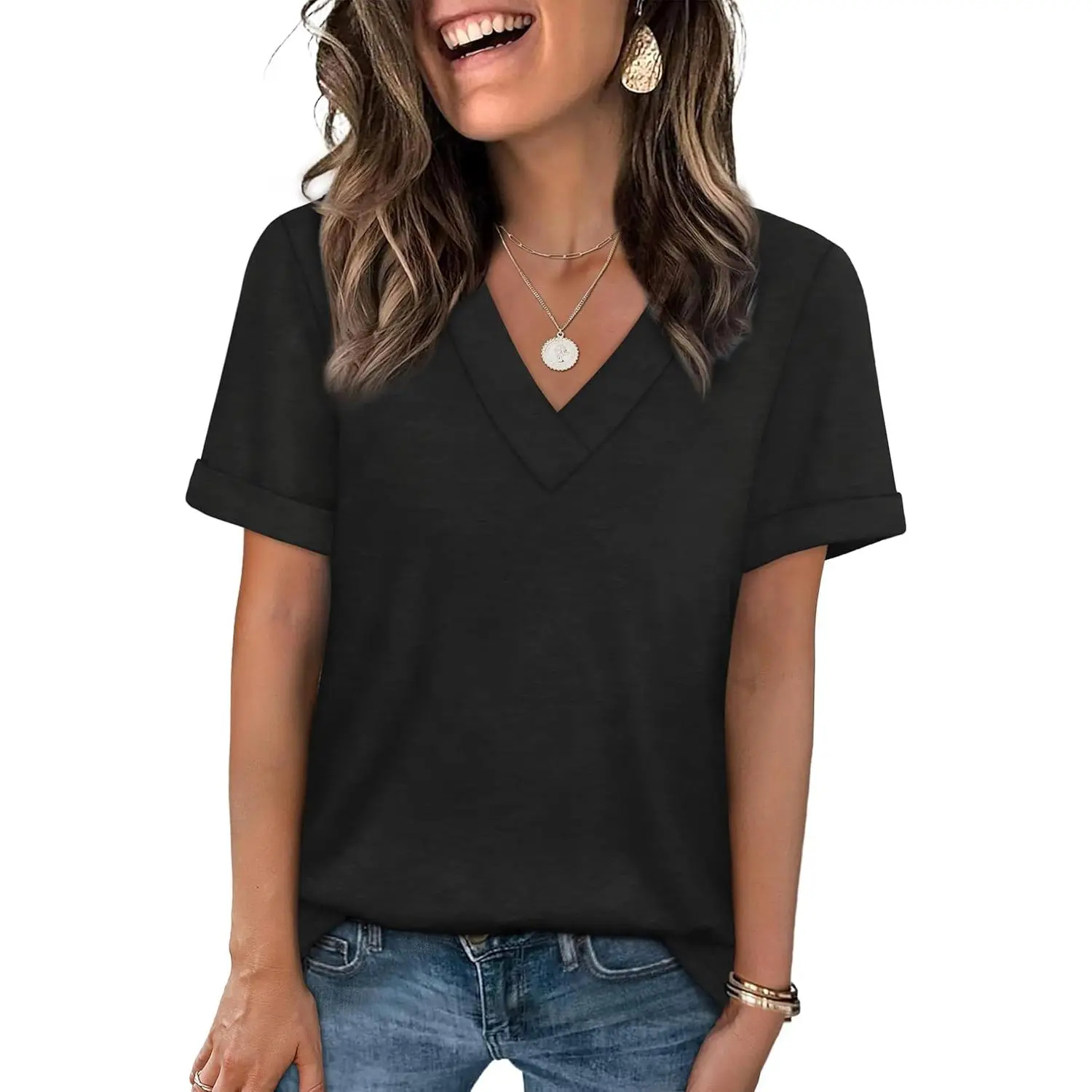 Women's Sleeve Basic Casual V Neck Tops Short