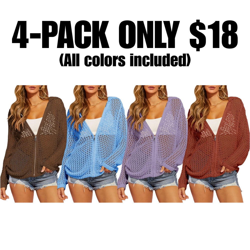 Women's Crochet Lightweight Cardigan Zip Up Hooded Knit Sweater - image 8