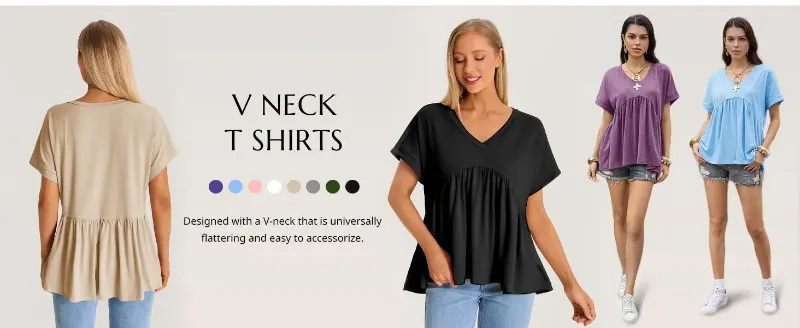 Cicy Bell Womens Summer Peplum Tops Oversized Babydoll Short Sleeve V Neck T Shirts Casual Loose Pleated Swing Blouse