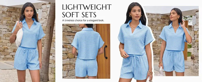 Cicy Bell Womens Striped 2 Piece Short Sets Summer Short Sleeve Collared V Neck Cropped Tops Vacation Casual Lounge Outfits