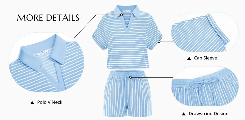 Cicy Bell Womens Striped 2 Piece Short Sets Summer Short Sleeve Collared V Neck Cropped Tops Vacation Casual Lounge Outfits