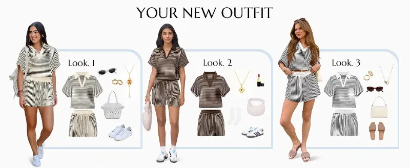 Cicy Bell Womens Striped 2 Piece Short Sets Summer Short Sleeve Collared V Neck Cropped Tops Vacation Casual Lounge Outfits