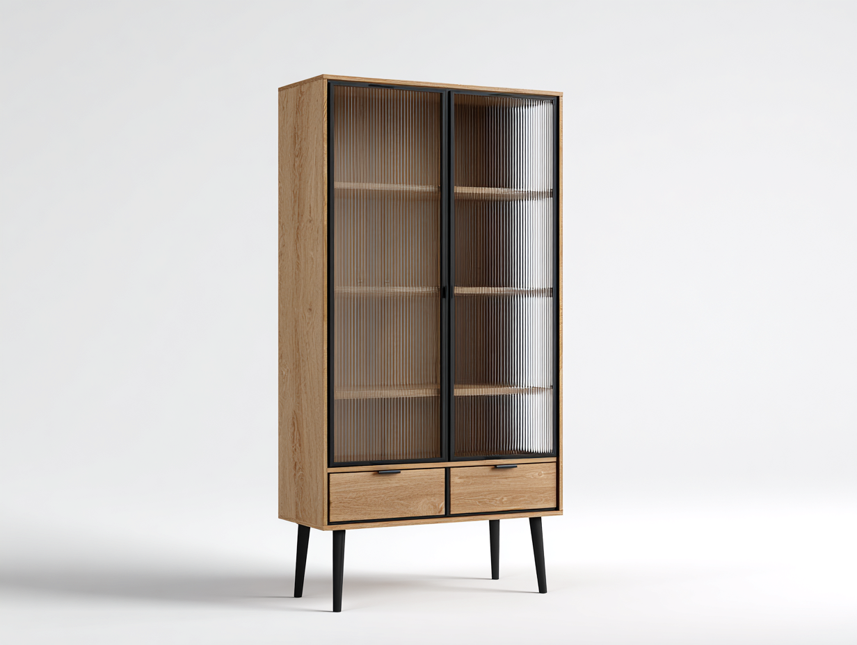 Regały na książki - drewno-szkło-metal - 88 x 42 x 182 cm - dąb naturalny-przydymione szkło-czarny - styl skandynawski-Sosapahome