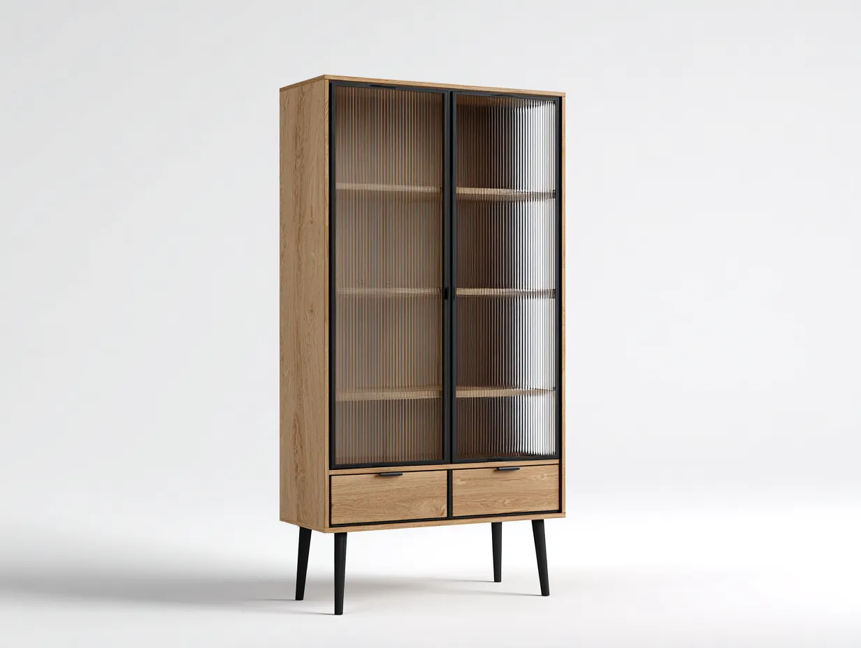 Regały na książki - drewno-szkło-metal - 88 x 42 x 182 cm - dąb naturalny-przydymione szkło-czarny - styl skandynawski-Sosapahome