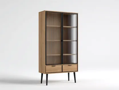 Regały na książki - drewno-szkło-metal - 88 x 42 x 182 cm - dąb naturalny-przydymione szkło-czarny - styl skandynawski-Sosapahome