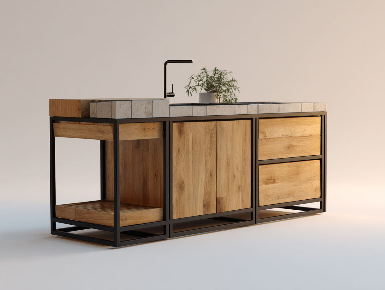 Isola cucina da esterno con piano in pietra 160x75x90 cm - marrone-nero - stile industriale-Karisadecor