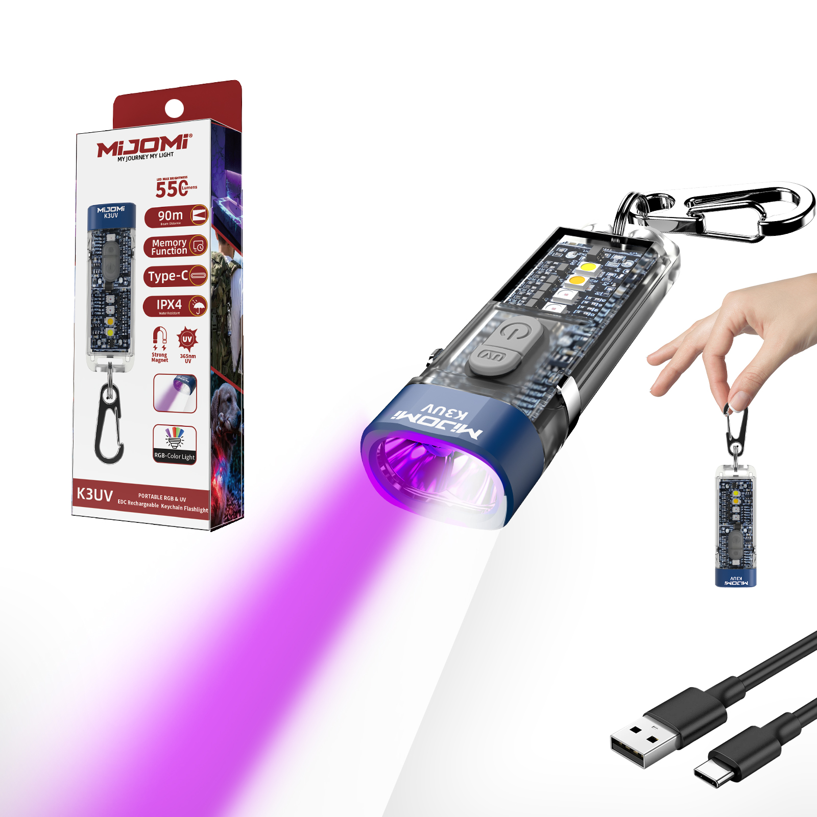 Portable RGB & UV EDC Rechargeable Keychain flashlight