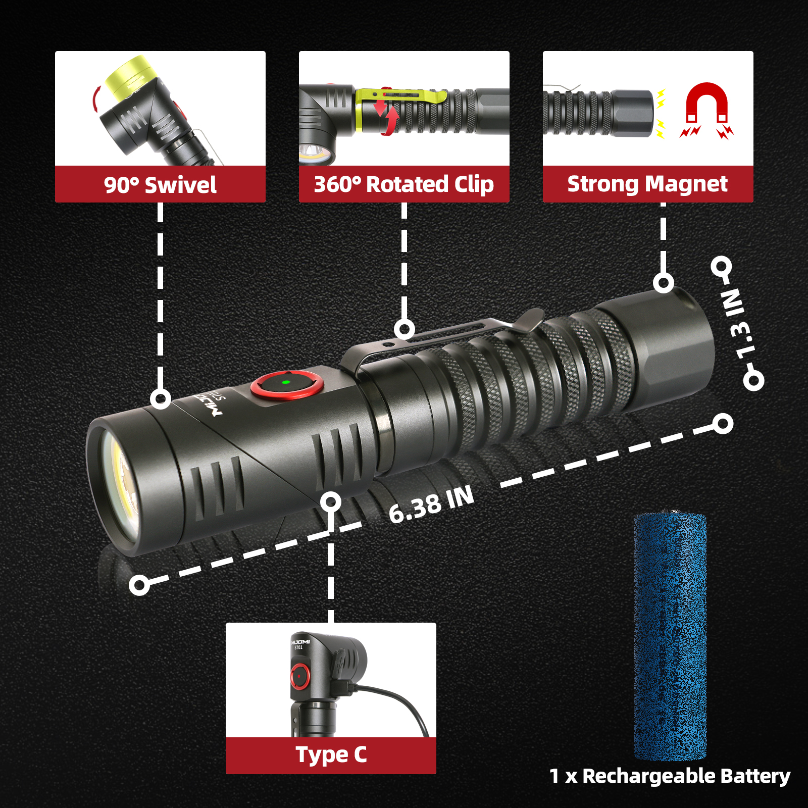 90°Swivel Multi-function Rechargeable Flashlight