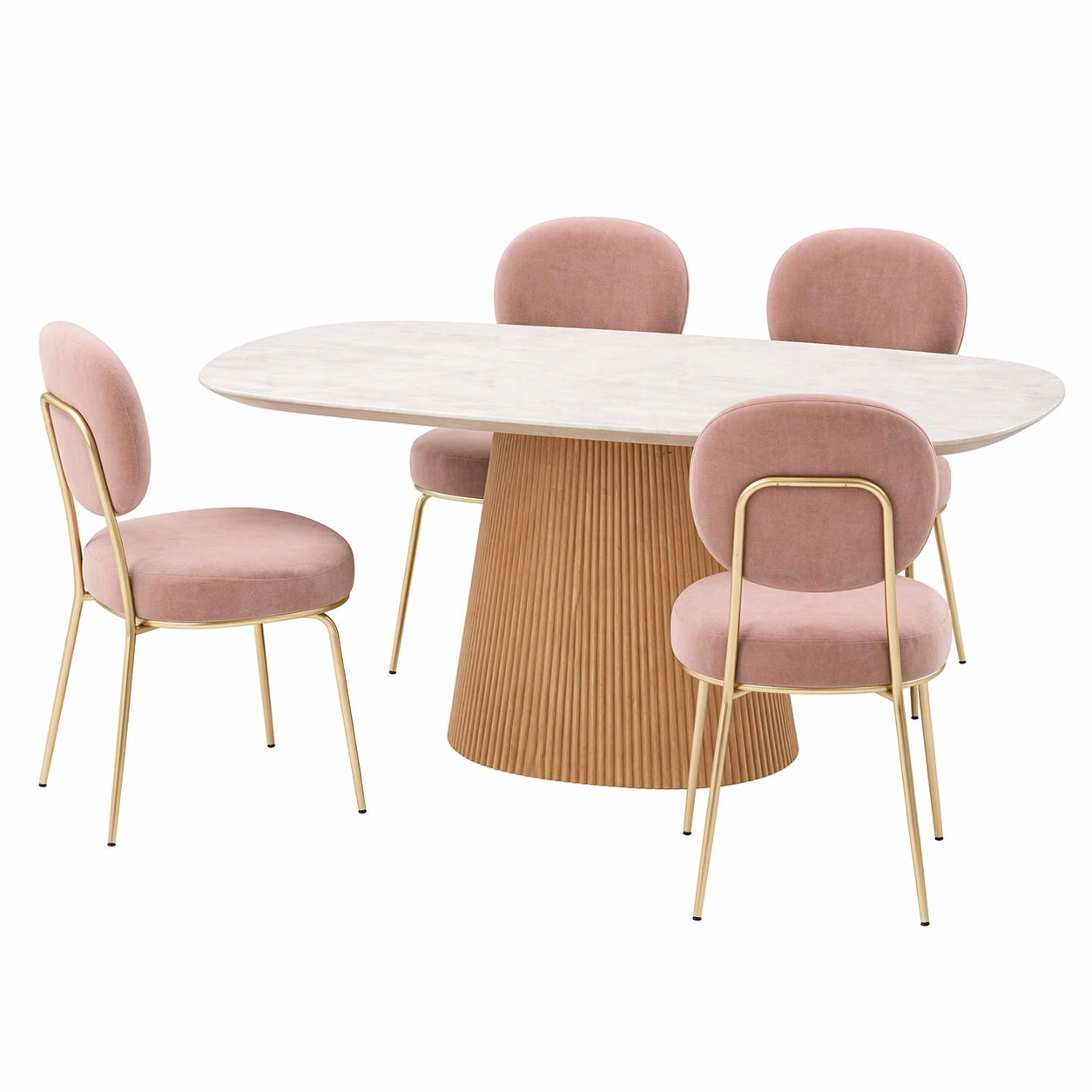 Mesa de comedor ovalada con 4 sillas tapizadas en rosa suave y estructura dorada, base acanalada elegante 80x60 cm-zenluxor