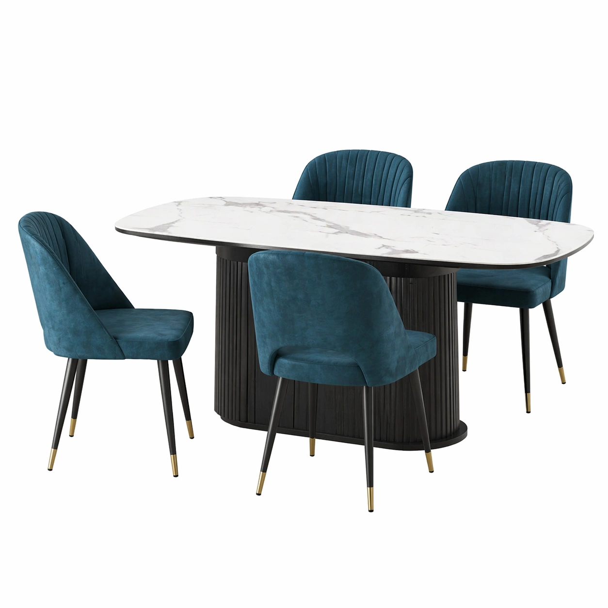 Conjunto de mesa extensible con 4 sillas tapizadas en azul petróleo y acabado mármol 130/190x80 cm-zenluxor