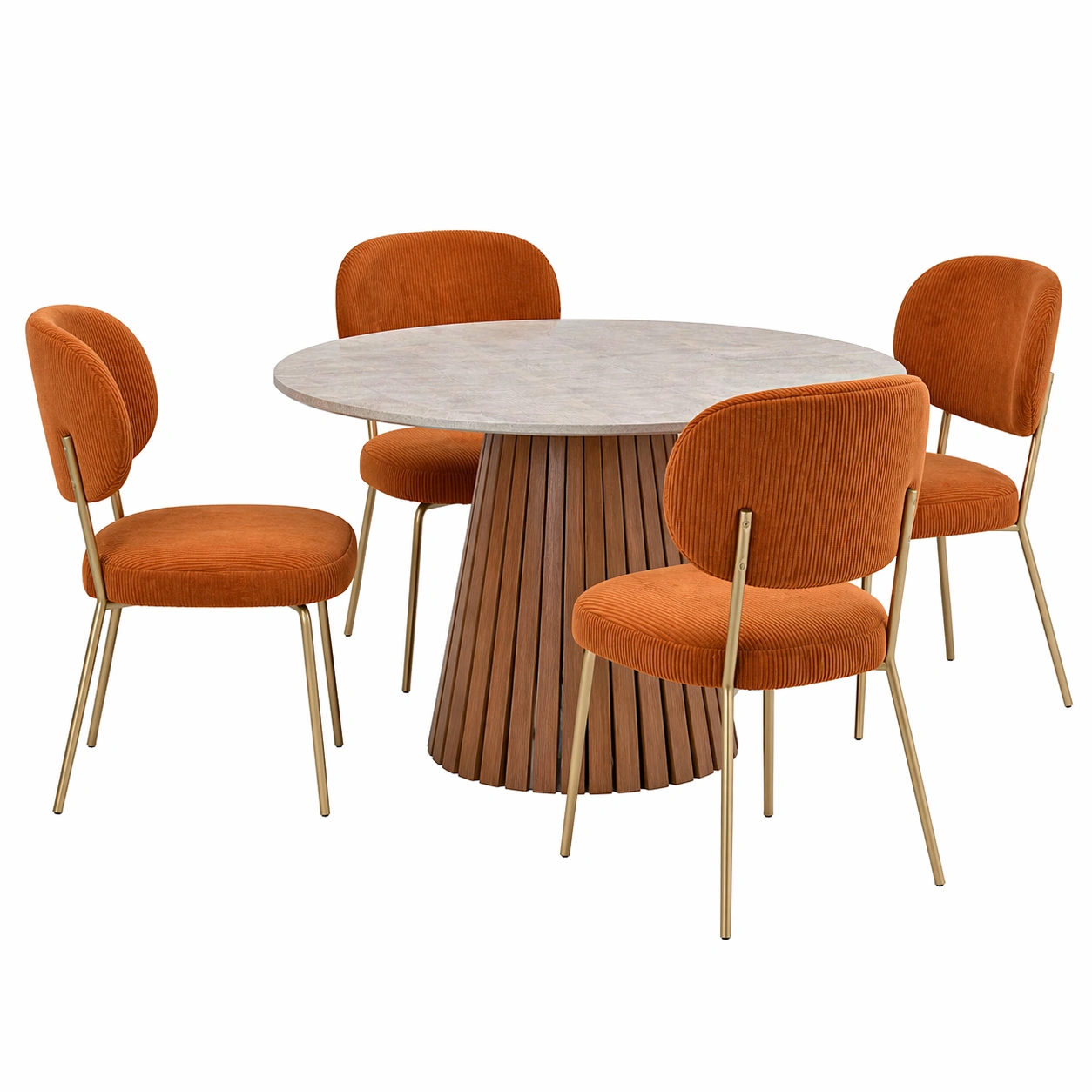 Conjunto de mesa de comedor redonda con 4 sillas tapizadas – dise?o moderno en tonos naranja y madera 130x80 cm-zenluxor