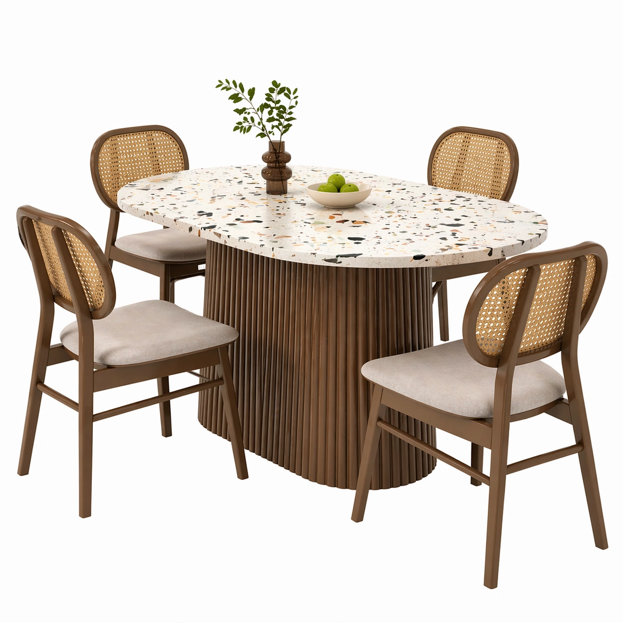 Conjunto de mesa de comedor ovalada extensible con 6 sillas tapizadas y respaldo de ratán – Blanco terrazzo y madera natural 160/215x110 cm-zenluxor