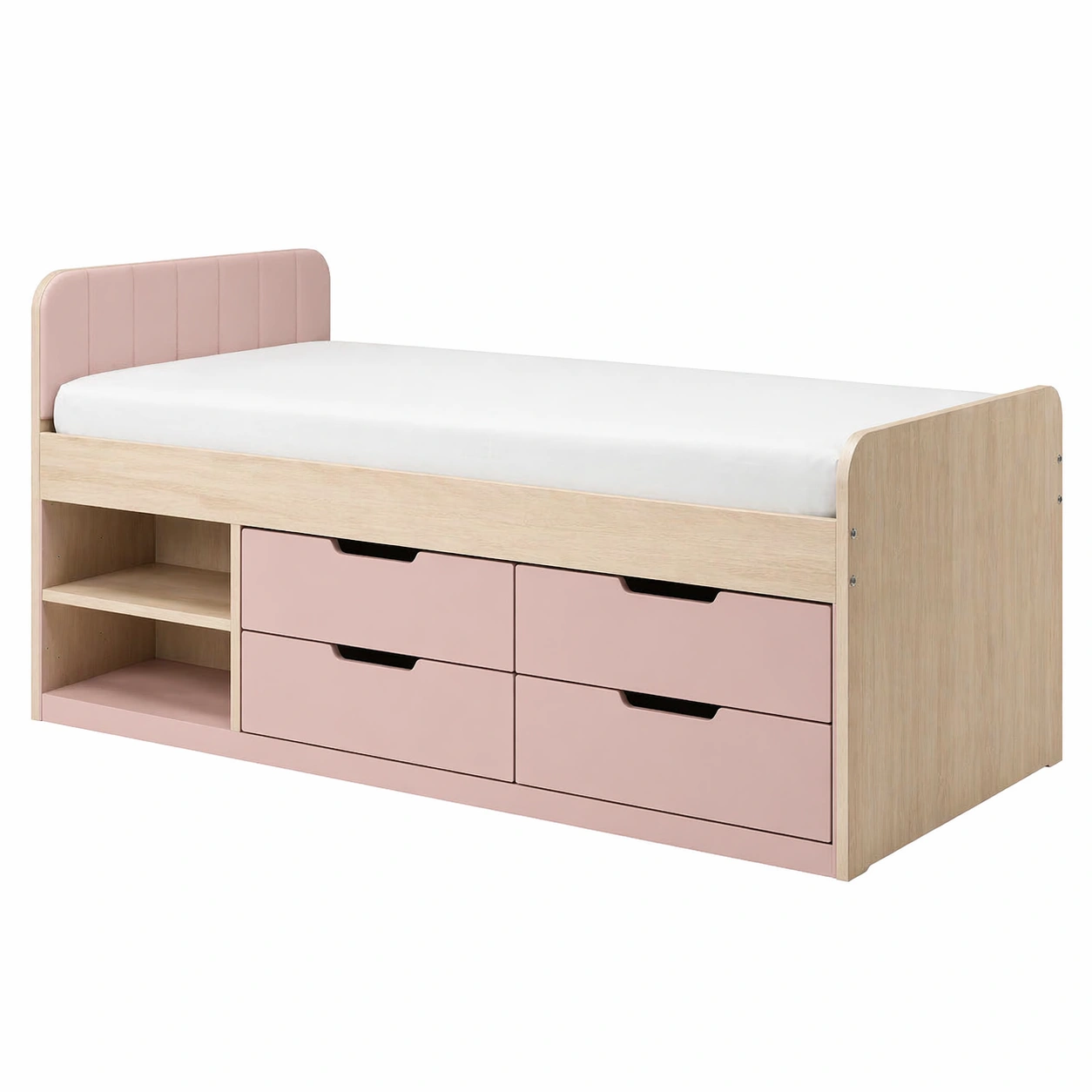 Cama individual con almacenamiento integrado y cabecero tapizado en rosa 90x200 cm-zenluxor