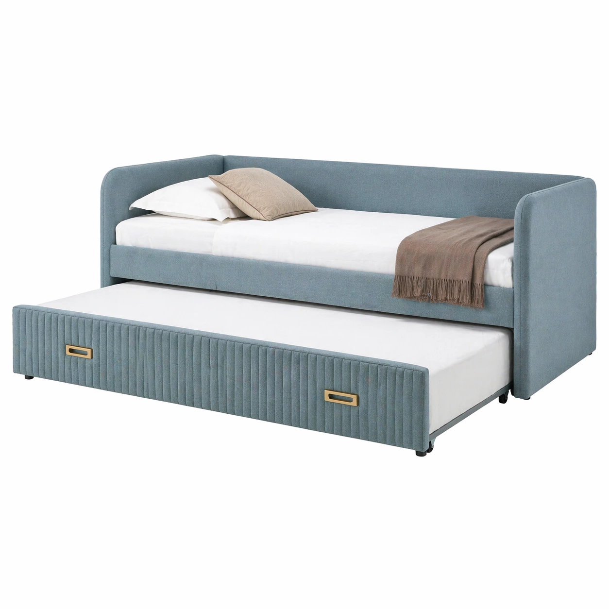 Sofá cama individual moderno con cama inferior extraíble y cajones en azul claro-zenluxor