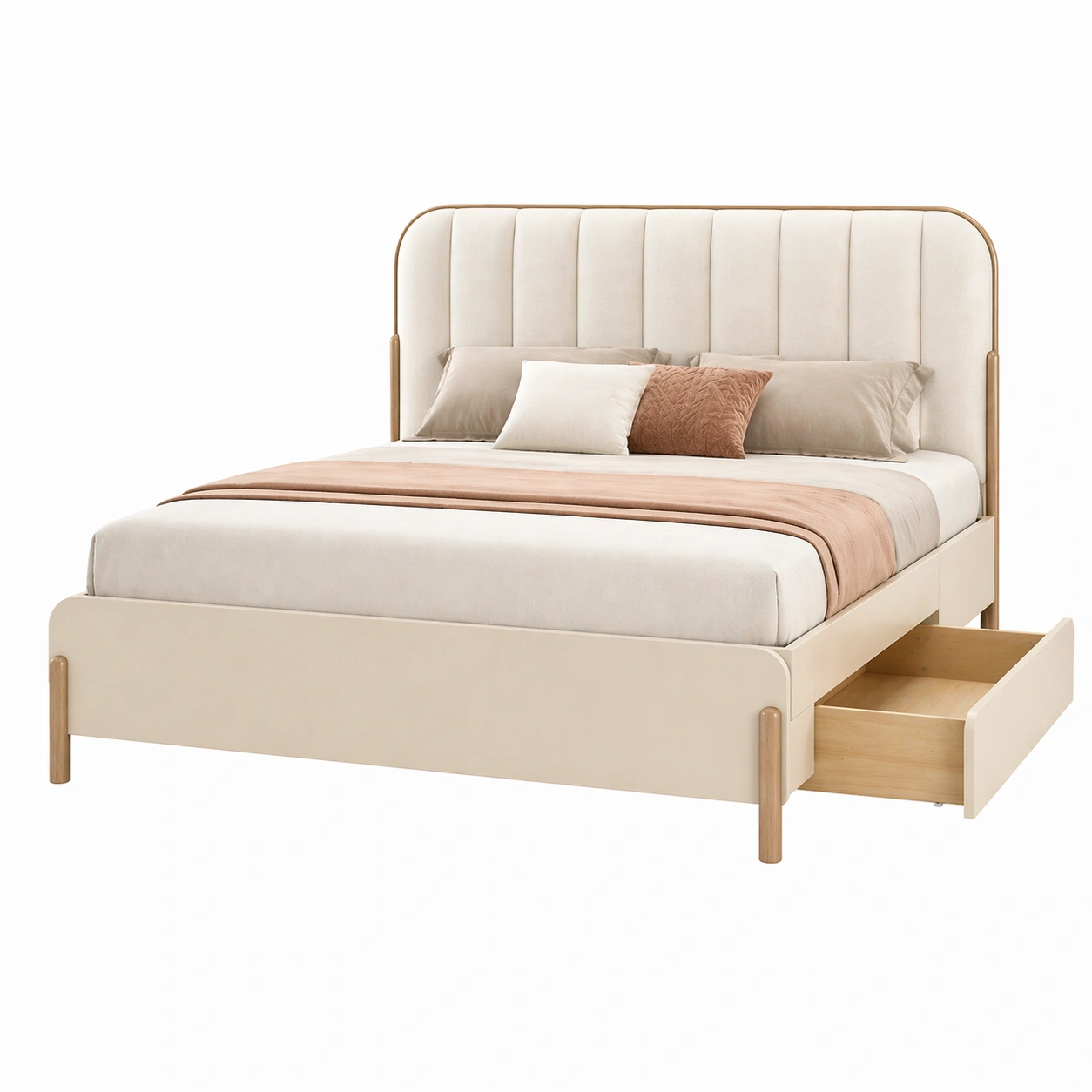 Cama alta con cabecero tapizado y 2 cajones de almacenamiento – Blanco crema 180x200 cm-zenluxor