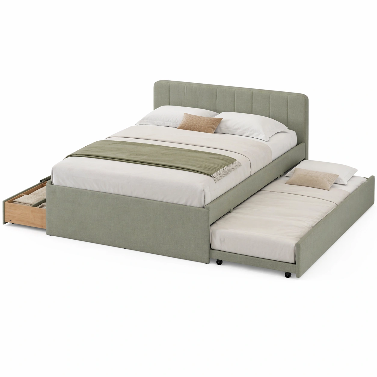 Cama tapizada multifuncional con cama nido y cajones de almacenamiento en verde suave-zenluxor