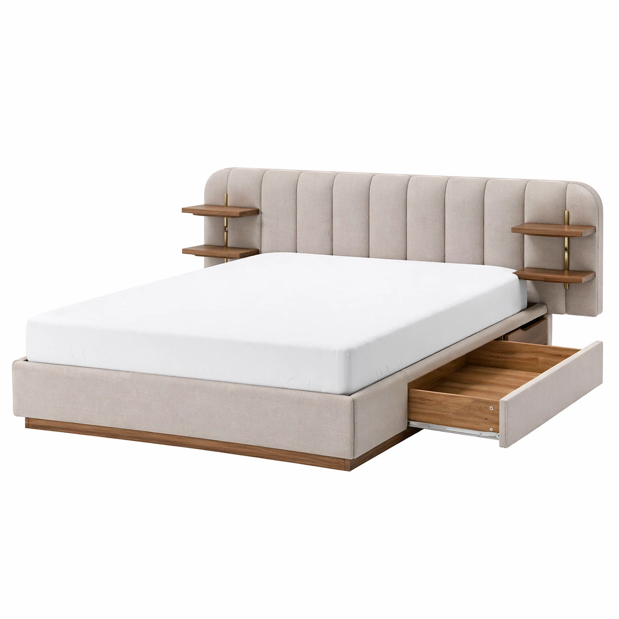Cama tapizada moderna con cabecero acolchado, estantes integrados y cajón de almacenamiento 160x200 cm-zenluxor