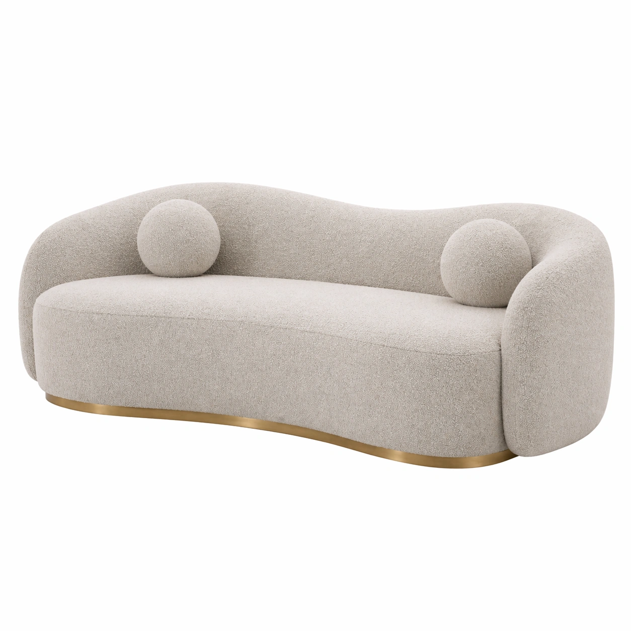 Sofá curvo de 3 plazas moderno en tela bouclé beige con base dorada-timberlyfe