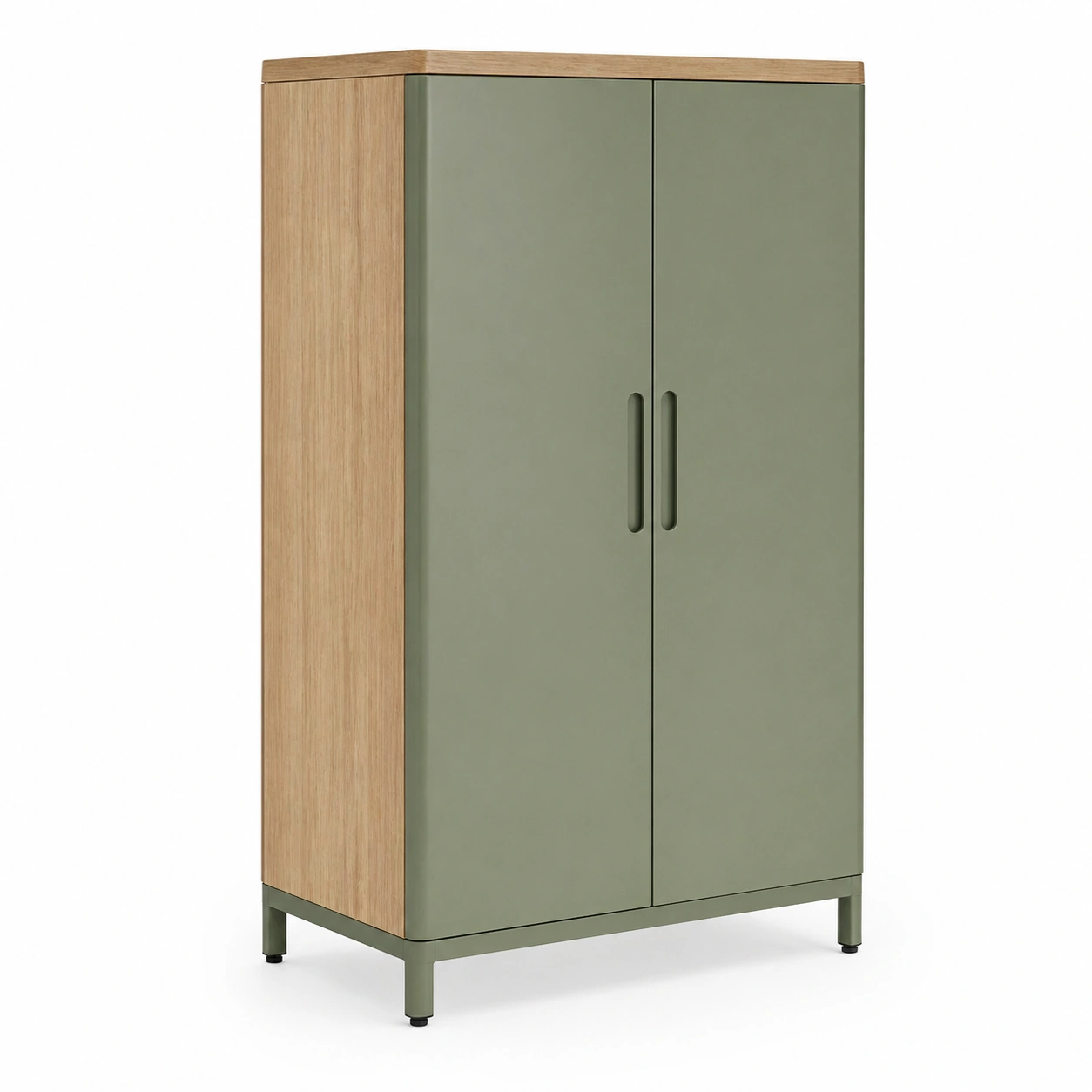 Armario de oficina metalico con puertas dobles y acabado verde oliva y madera natural-timberlyfe