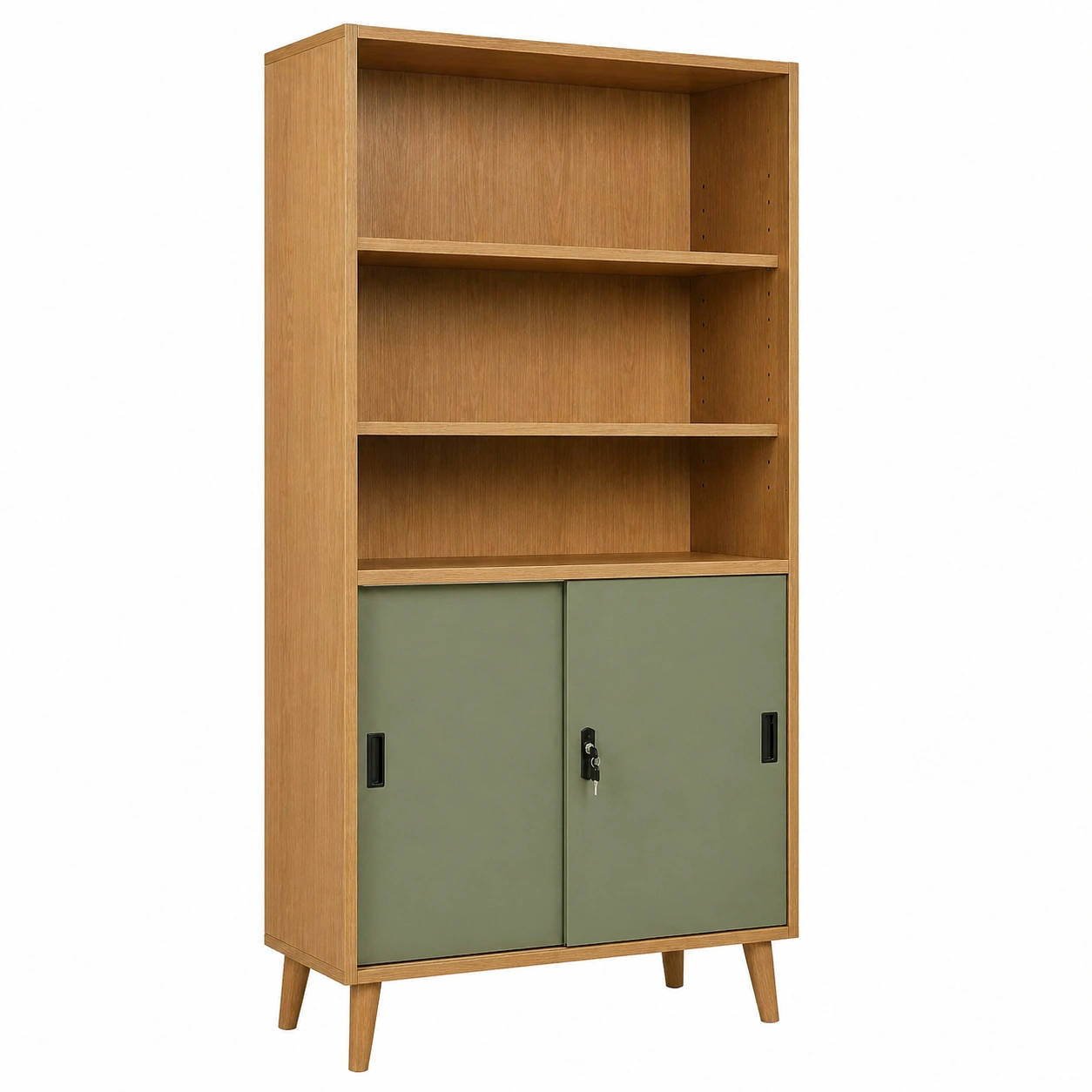 Armario de Oficina Alto Estilo Nórdico con Estantes Abiertos y Puertas Correderas-timberlyfe