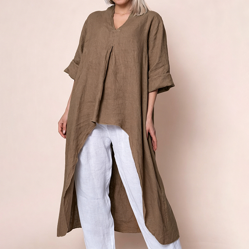 Women Linen V Neck High Low Irregular Long Tunic Shirt - product image 8