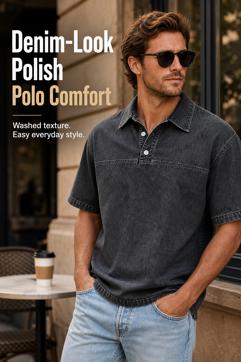 Men's Washed Denim Half-Button Short Sleeve Polo Shirt Hero Image Gen visual page