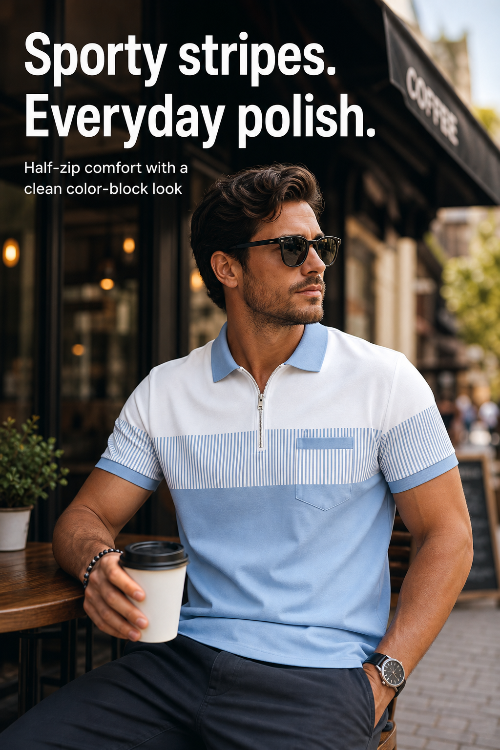Men's Striped Color Block Half-Zip Pocket Polo Shirt Hero Image Gen one-pass visual page