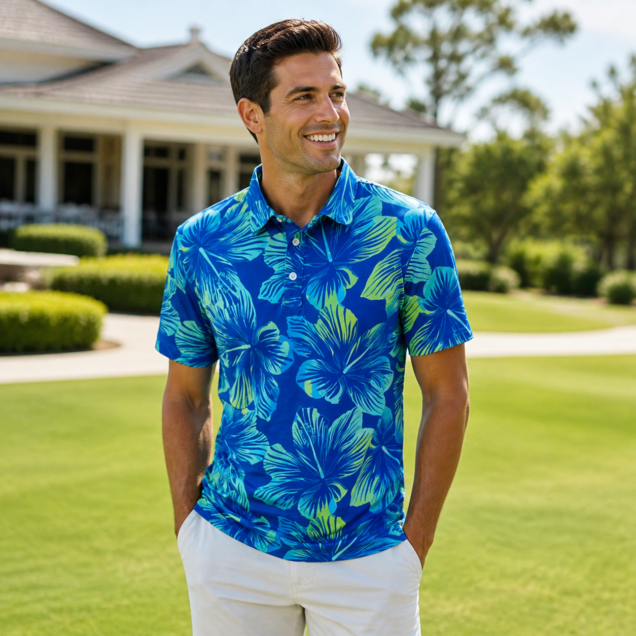 Royal Blue Palm editorial look — men's bold print short-sleeve shirt