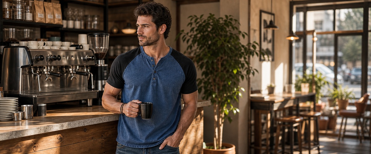 imagegen_1200x500_reopt_20260702 Men's Color Block Raglan Sleeve Washed Henley Tee lifestyle scene coffee daily banner