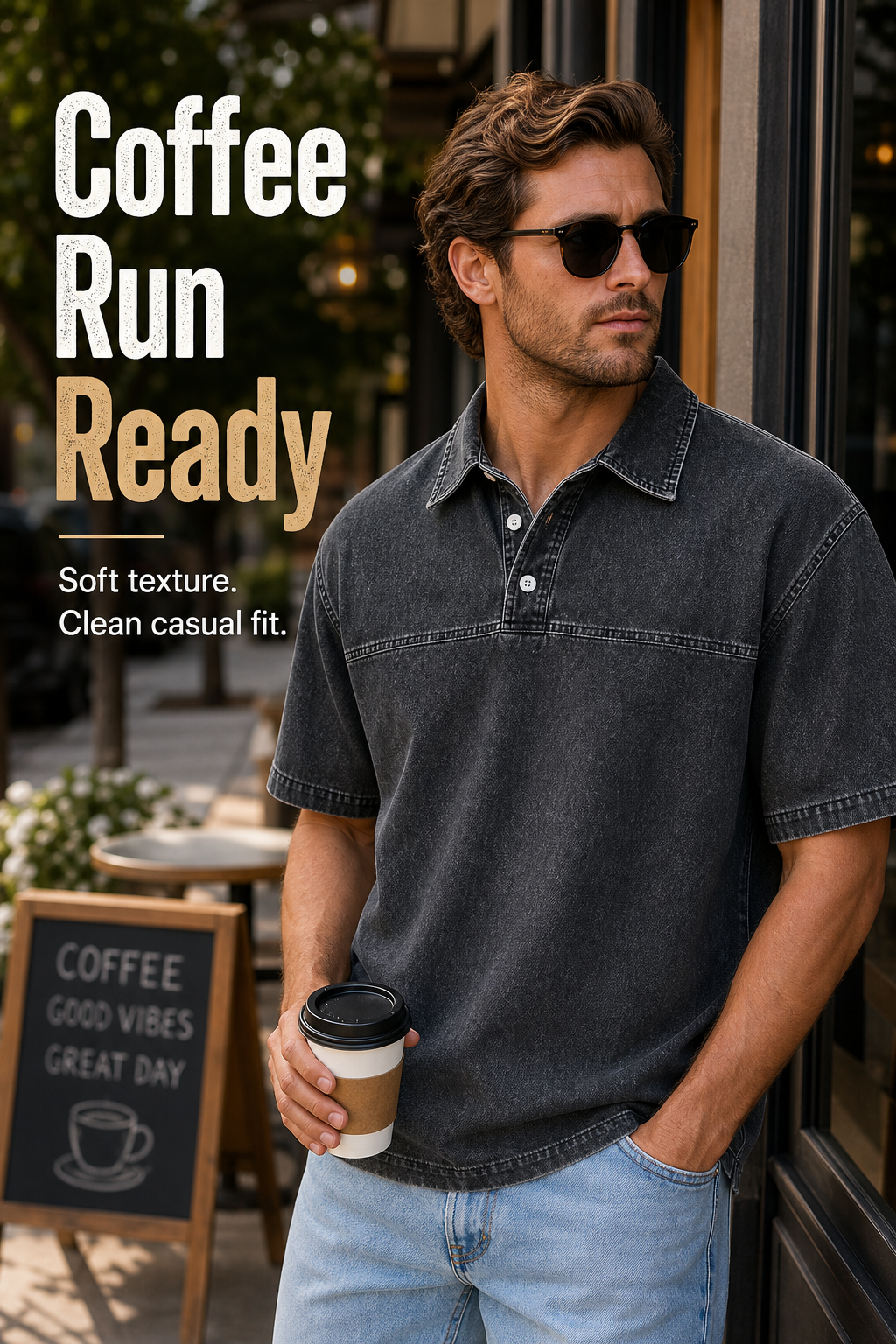 Men's Washed Denim Half-Button Short Sleeve Polo Shirt Scene1 Image Gen visual page