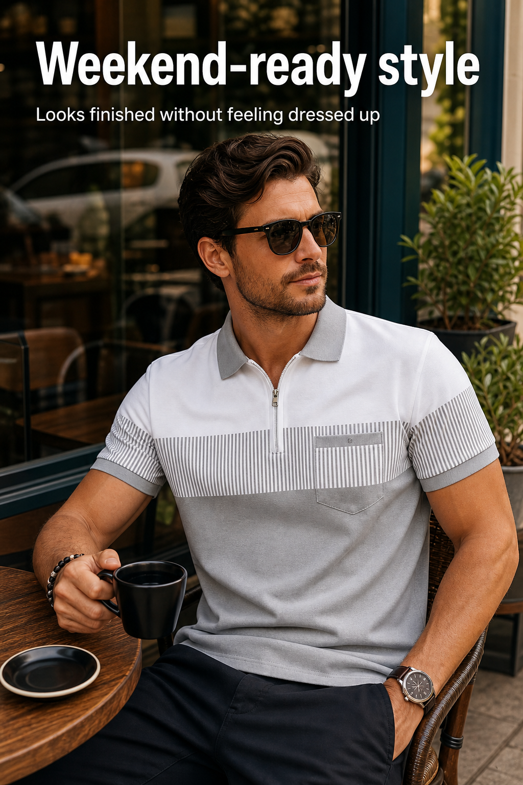 Men's Striped Color Block Half-Zip Pocket Polo Shirt Scene1 Image Gen one-pass visual page
