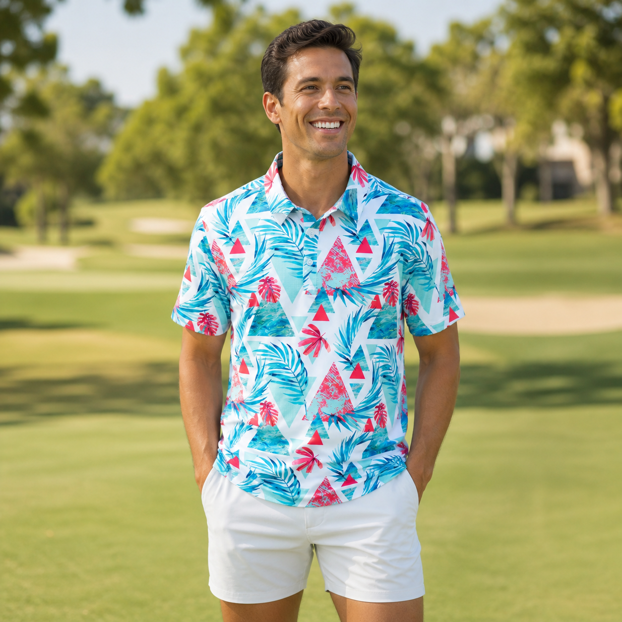 White Geo Palm editorial look — men's bold print short-sleeve shirt